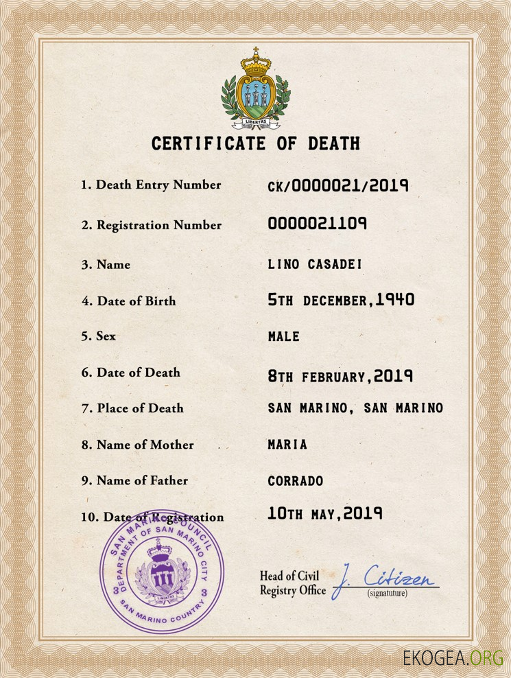 Modèle PSD de certificat de décès de l'état civil des Samoa